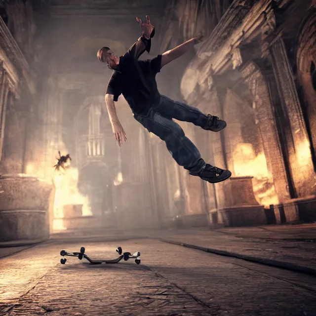 Image similar to tony hawk kick flipping over a boss in dark souls, dark cinematic, volumetric, realistic, cinematic lighting, ray tracing, unreal engine 5, unreal engine render, octane render, hyper realistic, photo, 8 k