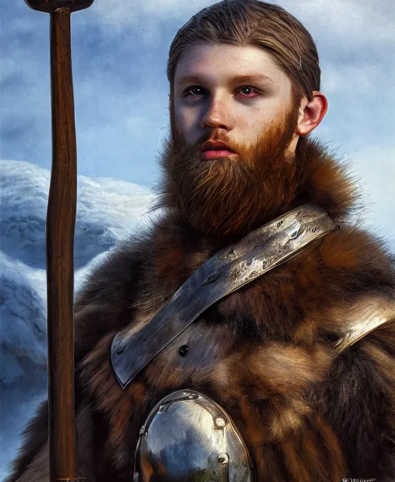 Prompt: portrait of a handsome young icelandic warrior, art by denys tsiperko and bogdan rezunenko and franz xaver kosler, hyperrealism, fantasy art