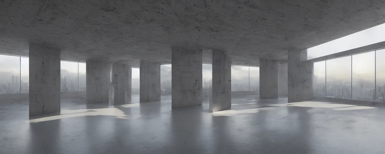 Image similar to White brutalist artistic art gallery with empty frames on the wall, stunning volumetric light, sunset, metal, concrete and translucent material, stunning lights, majestic architecture, trending on Artstation, 8k, photorealistic, hyper detailed, unreal engine 5, IMAX quality, cinematic, epic lighting, in the style of Greg Rutkowski
