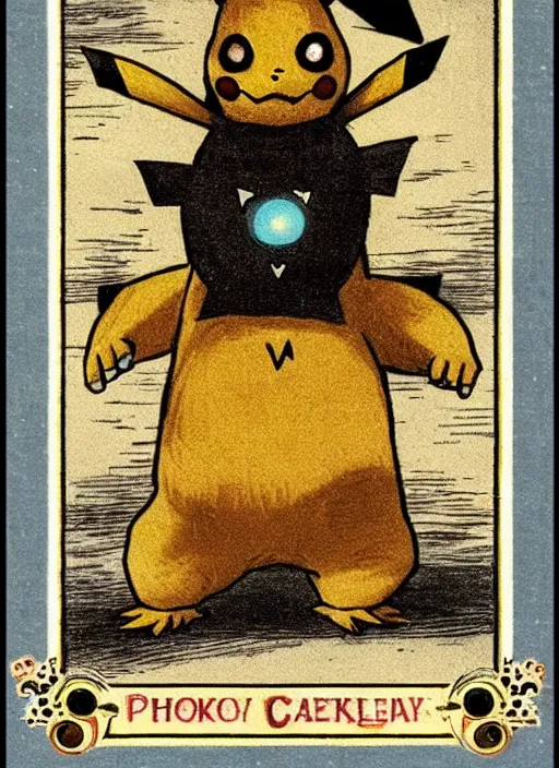 Image similar to creepy pikachu Pokémon card from the 1700s