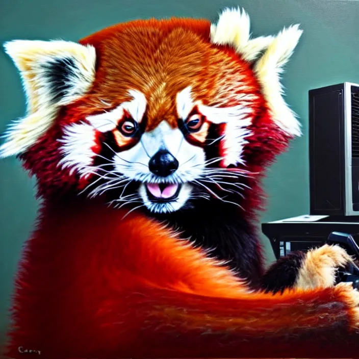 Prompt: an oil painting of a red panda playing video games on a pc, furry, gamer, oil on canvas, cute, highly detailed, soft lighting, pretty