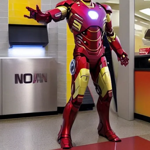 Prompt: Iron Man working at McDonalds