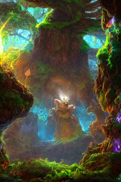 Image similar to arcane fantasy art giant golem elemental wood rock bastion forged gemstone enchanted forest troll, global illumination ray tracing hdr fanart arstation by sung choi and eric pfeiffer and gabriel garza and casper konefal lisa frank zbrush central hardmesh radiating a glowing aura