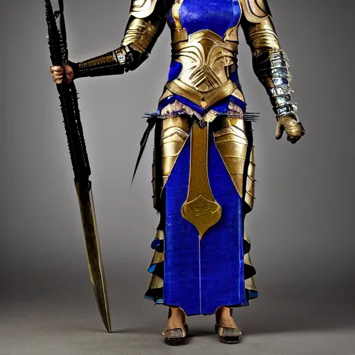 Image similar to full body photo of a female warrior with lapis lazuli armour and weapons