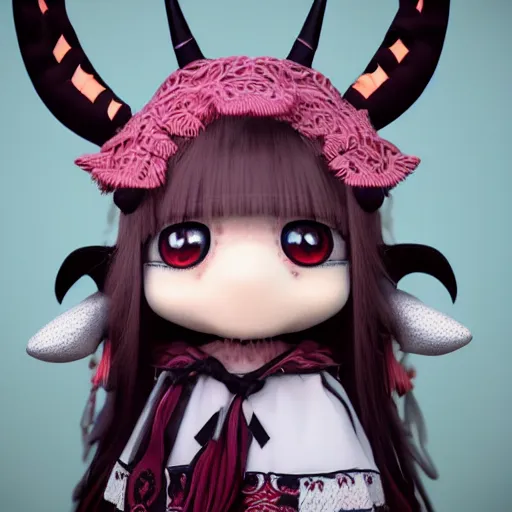 Image similar to cute fumo plush of a goat girl with horns, anime girl, tribal outfit with intricate celtic knot patterns, gothic maiden, artstation, vray