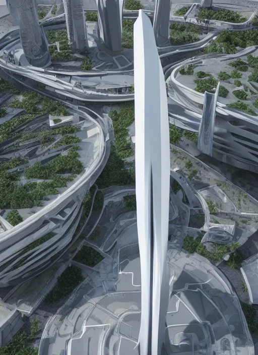 Image similar to highly detailed realistic architecture 3 d render of a huge high futuristic stele in zaha hadid style standing in city park, archdaily, made in unreal engine 4 octane render