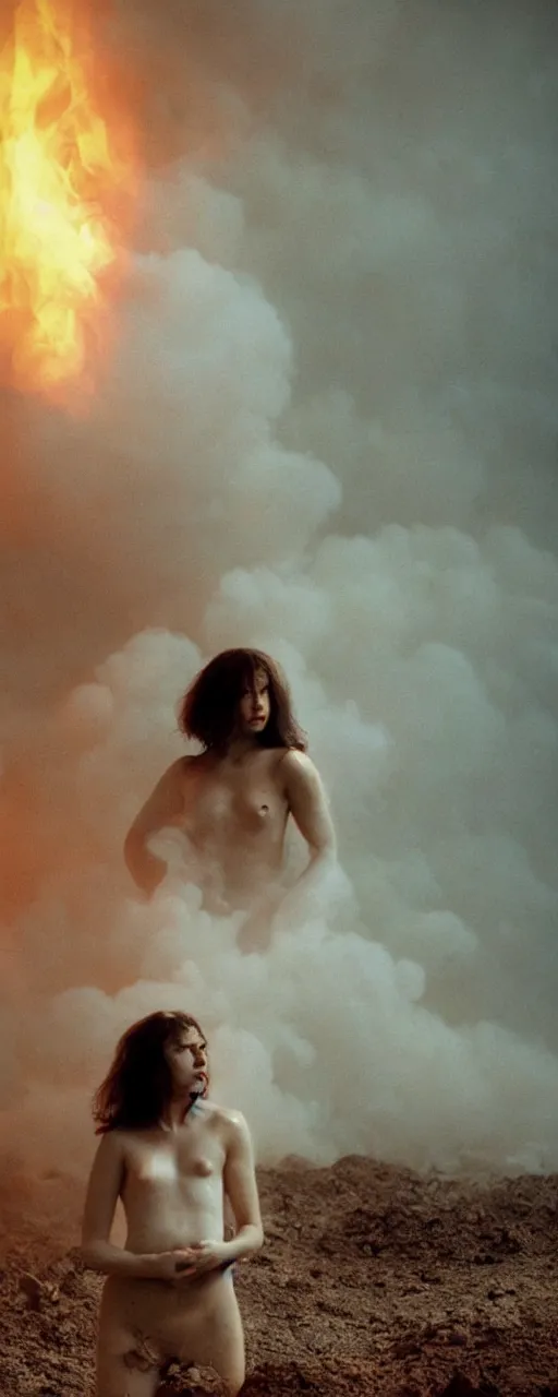 Image similar to The full body shot of beautiful pale woman with white flowers and full-face golden mask inside a thick black smoke in rocky desert landscape, glowing eyes everywhere, burning earth by Gaspar Noe and Christopher Doyle, anamorphic lens, anamorphic lens flares, kodakchrome, cinematic composition, practical effects, award winning photo, 8k