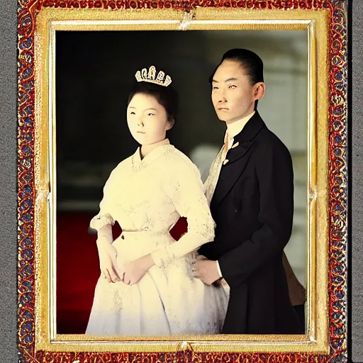 Prompt: A wide full shot, colored Russian and Japanese mix historical fantasy a photograph portrait taken at the royal wedding two choirs, photographic portrait, warm lighting, 1907 photo from the official wedding photographer for the royal wedding.