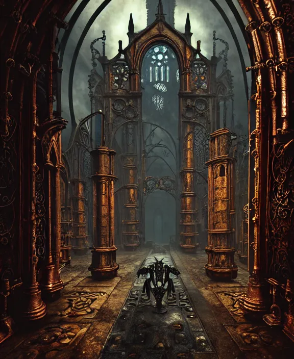 Image similar to steam necropolis, memento mori, gothic, neo - gothic, art nouveau, hyperdetailed copper patina medieval icon, stefan morrell, philippe druillet, ralph mcquarrie, concept art, steampunk, unreal engine, detailed intricate environment, octane render, moody atmospherics, volumetric lighting, ultrasharp, ominous, otherworldly