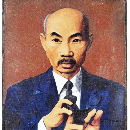 Prompt: Portrait of Ho Chi Minh holding Iphone