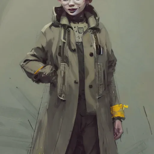 Image similar to a highly detailed epic cinematic concept art CG render digital painting artwork costume design: Sadie Sink, pixie cut, in a used 1950s man's coat and hoodie. muted grey colors with tiny yellow accents. By Greg Rutkowski, Ilya Kuvshinov, WLOP, Stanley Artgerm Lau, Ruan Jia and Fenghua Zhong, trending on ArtStation, made in Maya, Blender and Photoshop, octane render, excellent composition, cinematic atmosphere, dynamic dramatic cinematic lighting, aesthetic, very inspirational, arthouse