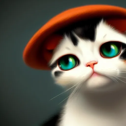 Image similar to a cute calico cat in a hat, artstation, cgsociety, storybook art