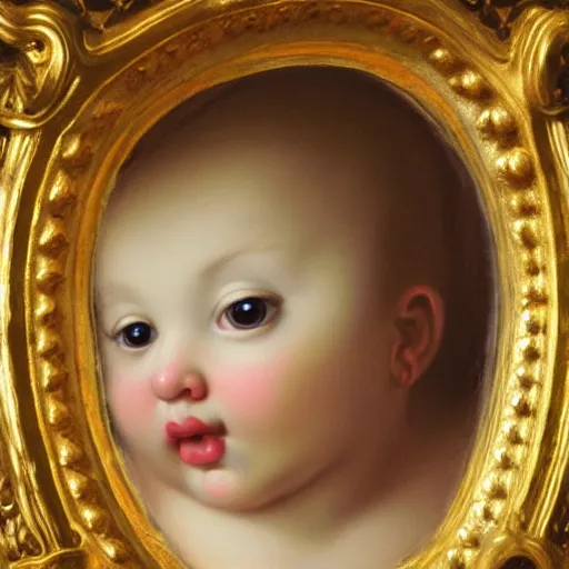 Prompt: baroque rococo painting of a cherub portrait greg hildebrandt carvaggio high detail