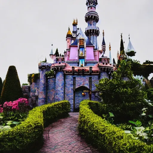 Image similar to overgrown disneyland castle that has been unkept for thousands of years, trending on unsplash, 4 k photorealism, 4 k quality, intricately defined, complexly detailed