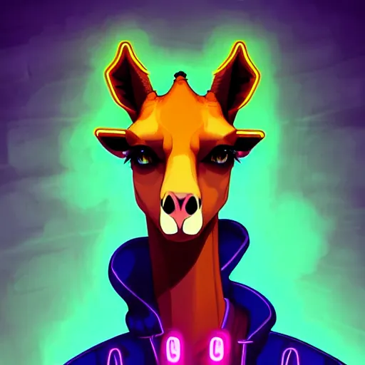 Image similar to beautiful furry digital art portrait commission of an androgynous furry anthro giraffe fursona wearing punk clothes in the streets of a cyberpunk city. neon signs. character design by charlie bowater, ross tran, artgerm, and makoto shinkai