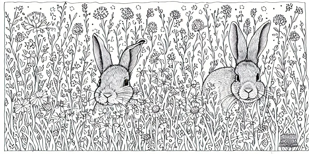 Prompt: Black and white coloring book page of a bunny rabbit and wildflowers