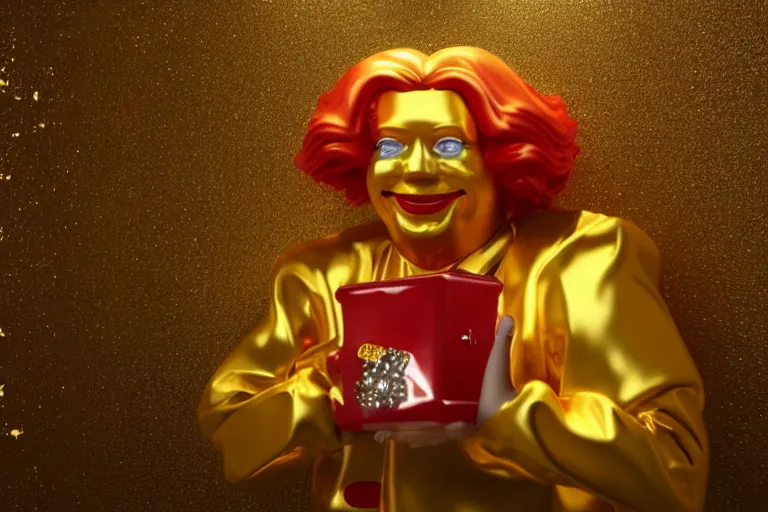 Image similar to a still of ronald mcdonald surrounded by gold and diamonds, award - winning, photograph, 3 d render, unreal engine, 4 k detailed