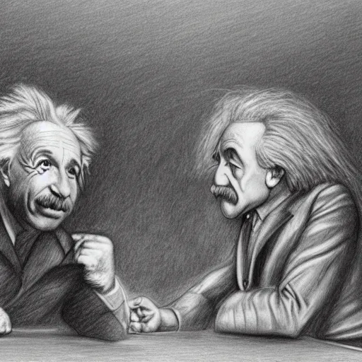 Image similar to Einstein and Newton speaks each other on a topic, pencil drawing, ultra detailed