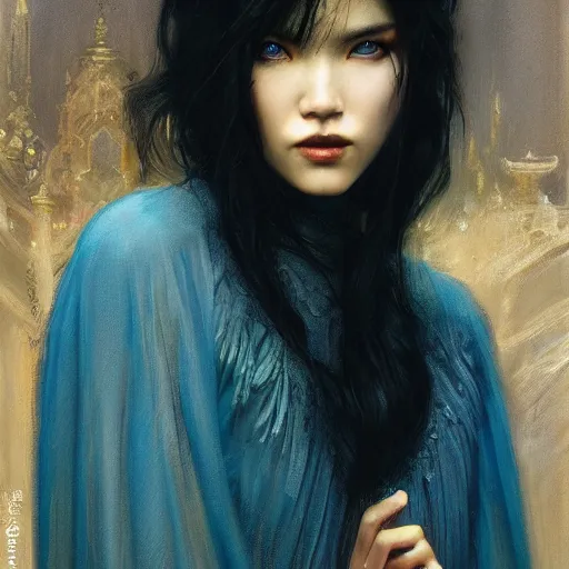 Image similar to detailed cinematic wide shot of tao okamoto beautiful attractive vampire woman slim face symettrical face clean skin blue eyes black robe smooth, sharp focus, ultra realistic, spring light, painting by gaston bussiere, craig mullins, j. c. leyendecker