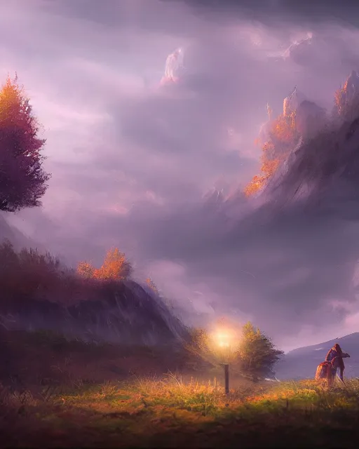 Image similar to the fall of summer, landscape, dreamy, cinematic lighting, highly detailed, digital painting, trending on artstation, pixiv, concept art, sharp focus, illustration