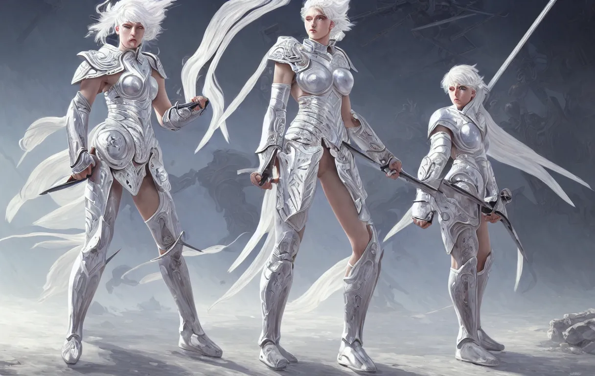 Image similar to dueling, kickboxing, battle stance, wielding sci - fi melee weapons in ruined agora of athens sunrise, white hair knights of zodiac girl matt white ice color armor, intricate and elegant, highly detailed, digital painting, artstation, concept art, illustration, art by tian zi and wlop and alphonse mucha