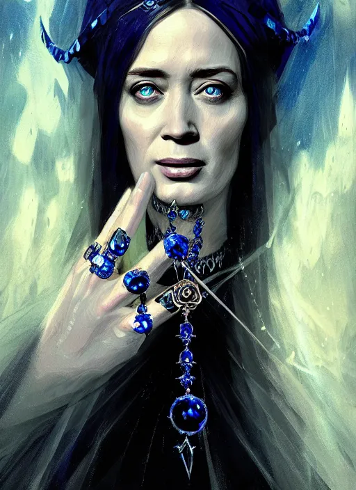 Image similar to portrait of emily blunt as witch queen, jewelry, greek, sapphire, victorian age, 1 8 9 0, intricate, headshot, key visual, conceptart, ambient lighting, highly detailed, digital painting, artstation, concept art, sharp focus, by makoto shinkai and akihiko yoshida and greg manchess