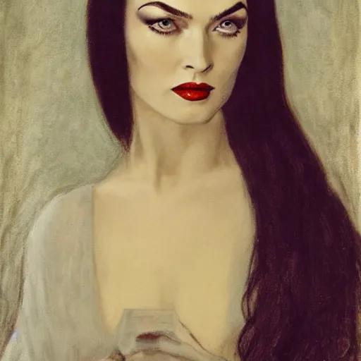 Prompt: upper body portrait megan fox as morticia addams by female adventurer by alfred stevens