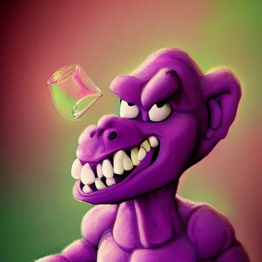 Image similar to barney the purple dinosaur from kids show drinking whisky and smoking a cigar, portrait art, digital art, trending on artstation