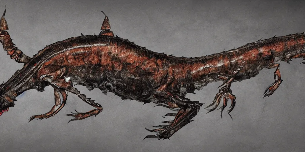 Prompt: a large, predatory creature with a long, segmented body. It has dozens of legs, each of which is tipped with a sharp claw. Its head is large and triangular, with two long, curved horns. Its eyes are black and glittering, and its mouth is full of sharp teeth. Its body is covered in tough, glossy scales, and its tail is long and whip-like. by Kentaro Miura, Tsutomu Nihei, trending on artstation