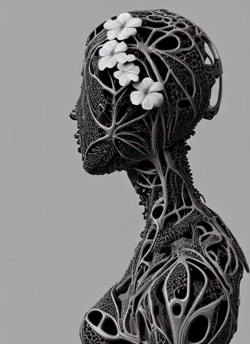 Image similar to monochrome 3 d model, biomechanical young female cyborg with porcelain profile face and a big floral eye, volumetric light, big leaves foliage and stems, hibiscus flowers, boho floral vines, sinuous fine roots, fine foliage lace, alexander mcqueen, rim light, art nouveau fashion pearl embroidered collar, steampunk, octane render, 8 k