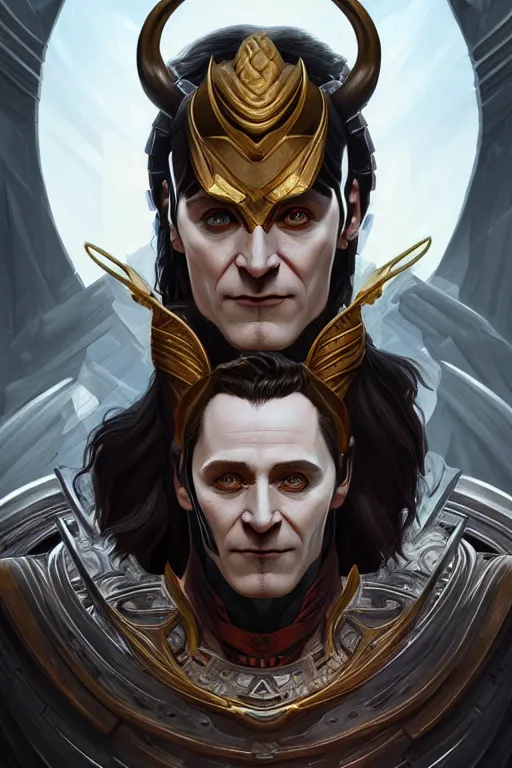 Image similar to symmetry!! portrait of loki in the style of god of war, machine parts embedded into face, intricate, elegant, highly detailed, digital painting, artstation, concept art, smooth, sharp focus, illustration, art by artgerm and greg rutkowski and alphonse mucha, 8 k