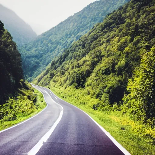 Prompt: A photo of a car driving on a road between green mountains