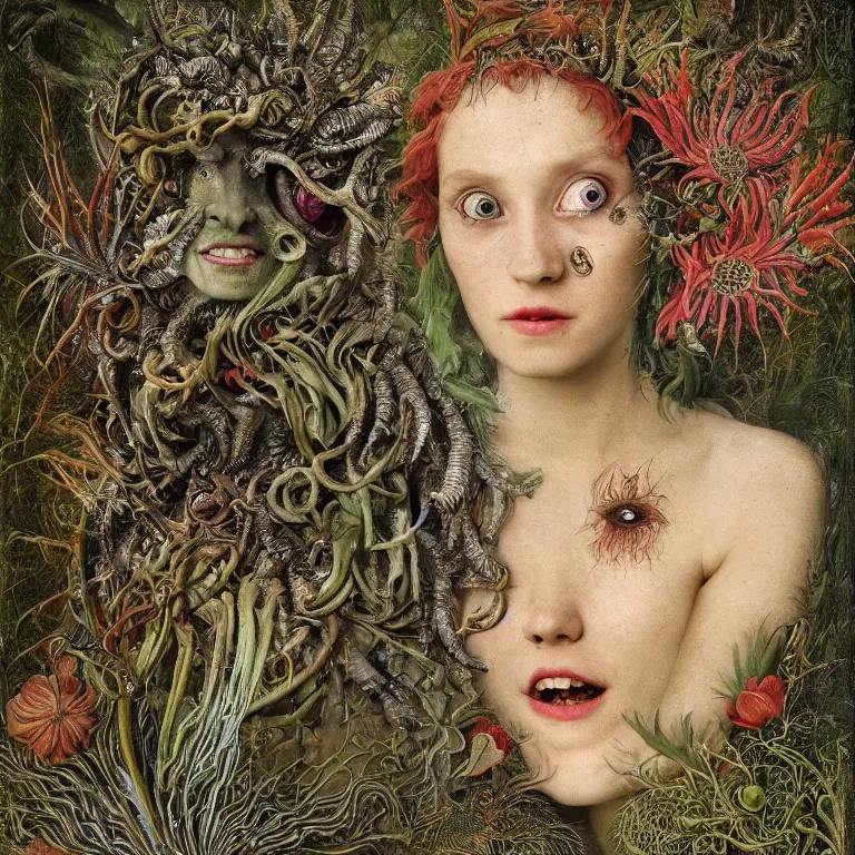 Image similar to a fish eye lense photograph of a grinning alien dryad with goat pupils transforming herself into a beast. her skin is covered in scales and feathers. flowers surround her body. painted by jan van eyck, max ernst and ernst haeckel, trending on artstation, 8 k, award winning, hard lighting, photorealistic painting