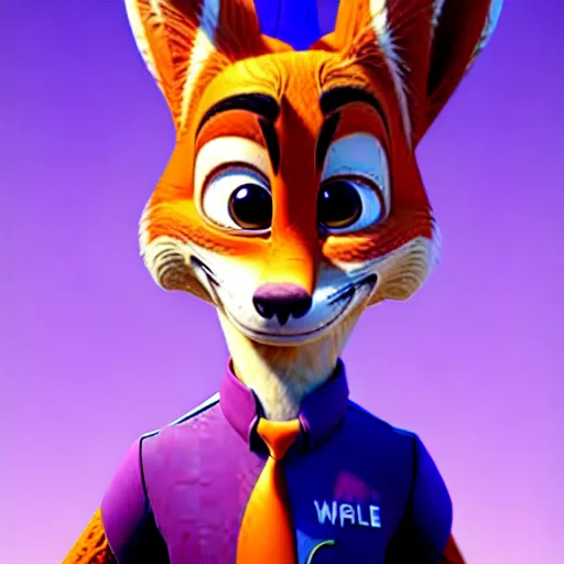 Image similar to Nick Wilde (from Zootopia) wearing a purple uniform