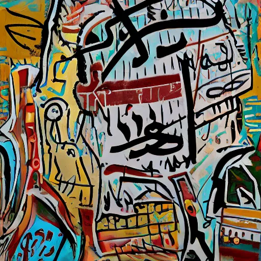 Image similar to arabic calligraphy, transylvanian folk art, in the style of graffiti, made by jean michel basquiat