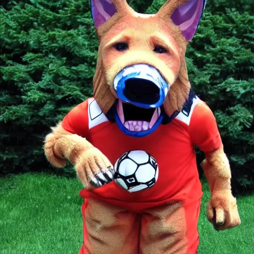 Image similar to full body a humanoid german shepherd beast - man, wearing soccer suit.