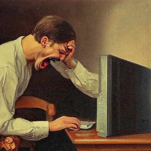 Prompt: an angry man screams at his computer monitor, oil on canvas, 1 8 8 3, highly detailed