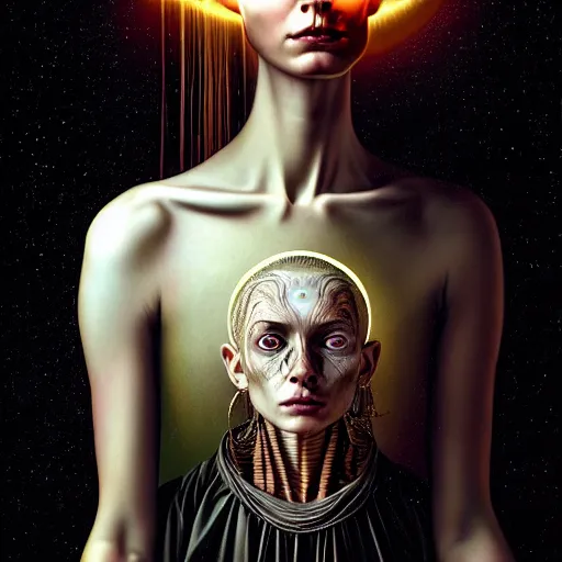 Image similar to Colour Caravaggio style Photography of Beautiful woman with highly detailed 1000 years old face wearing higly detailed sci-fi halo above head and Woman wearing hyperrealistic sci-fi dress ,designed by Josan Gonzalez. Many details . In style of Josan Gonzalez and Mike Winkelmann andgreg rutkowski and alphonse muchaand and Caspar David Friedrich and Stephen Hickman and James Gurney and Hiromasa Ogura. volumetric natural light