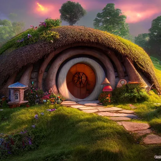 Image similar to village, hobbit house, mushroom house, 3 d render, illustrated, incredible details, highly detailed, colorful, photorealistic, disney pixar, octane render, iridescent, anime, 8 k