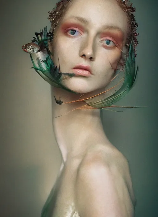 Image similar to Kodak Portra 400, 8K, soft light, volumetric lighting, highly detailed, fine art portrait photography in style of Paolo Roversi, britt marling style 3/4 face morphing with tropical pastel colors fishes, metamorphosis complex 3d render , 150 mm lens, art nouveau fashion embroidered, intricate details, elegant, hyper realistic, ultra detailed, octane render, etheric, outworldly colours, emotionally evoking, head in focus, fantasy, ornamental, intricate, elegant, 8K, soft light, volumetric lighting, highly detailed, Refined, Highly Detailed, soft lighting colors scheme, fine art photography, Hyper realistic, photo realistic