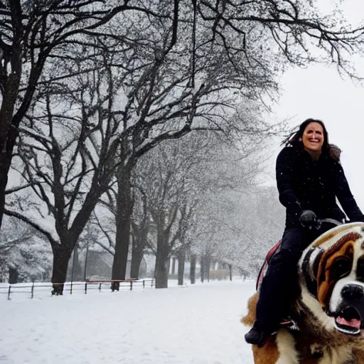 Prompt: girl riding a giant saint Bernard in a snowy park