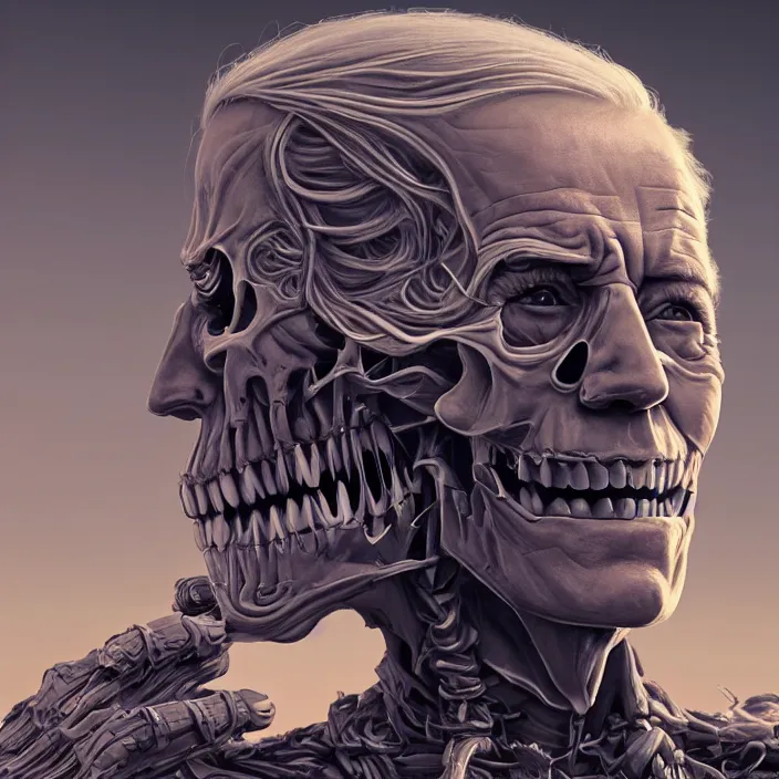 Image similar to portrait of joe biden as skeleton. burning distortions. dusty distortions. intricate abstract. intricate artwork. by Tooth Wu, wlop, beeple, dan mumford. octane render, trending on artstation, greg rutkowski very coherent symmetrical artwork. cinematic, hyper realism, high detail, octane render, 8k, iridescent accents