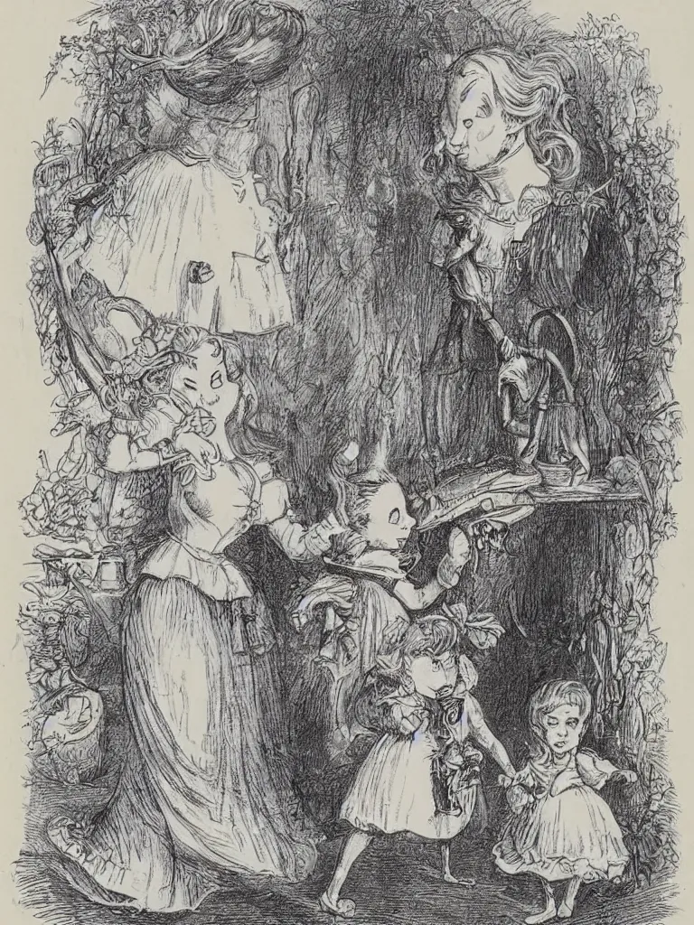 Image similar to Tenniel illustration portrait of Alice, walking in wonderland