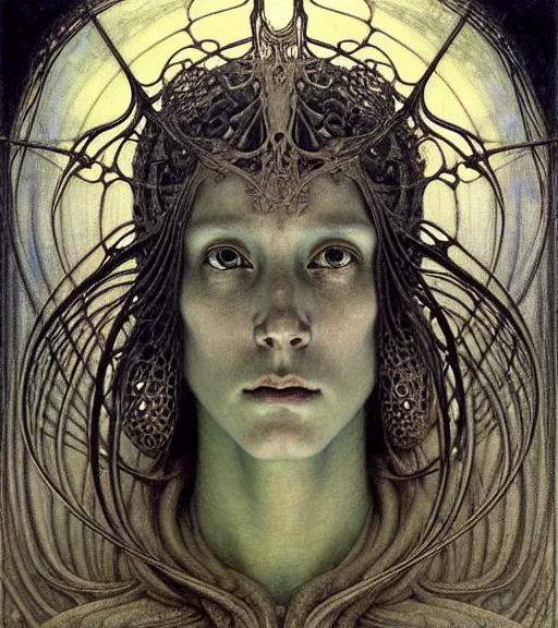 Image similar to detailed realistic beautiful young medieval alien robot grimez face portrait by jean delville, gustave dore and marco mazzoni, art nouveau, symbolist, visionary, gothic, pre - raphaelite. horizontal symmetry by zdzisław beksinski, iris van herpen, raymond swanland and alphonse mucha. highly detailed, hyper - real, beautiful