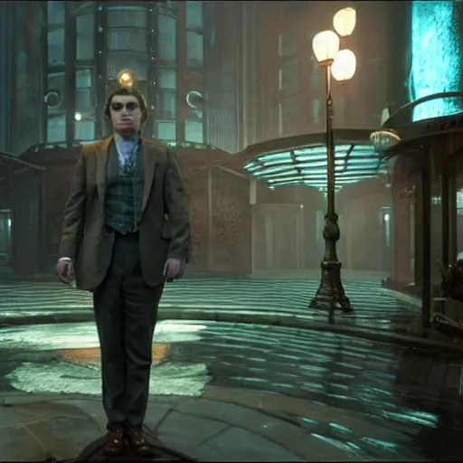 Image similar to screen capture from a live - action bioshock movie. andrew ryan, played by evan peters, is shown standing in an turn of the century style office front of an immense window looking out into the underwater city of rapture. the lights of the city are shining in the distance and an abundance of sea life is shown.