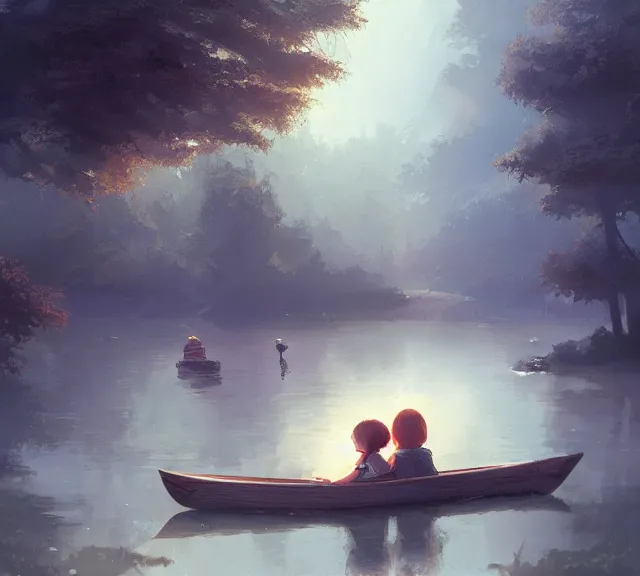 Image similar to a boy and a girl with long flowing auburn hair sitting together on the rowboat. Atmospheric lighting, long shot, romantic, boy and girl are the focus, trees, river. details, sharp focus, illustration, by Jordan Grimmer and greg rutkowski, Trending artstation, pixiv, digital art