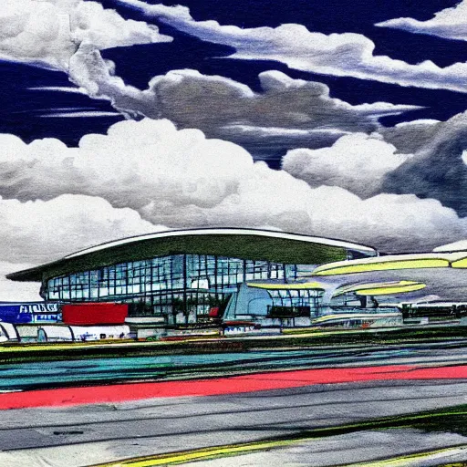 Image similar to a cartoon scene of an airport and cloudy skies