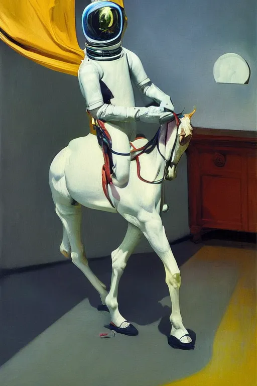 Image similar to a horse riding an astronaut, hauntingly surreal, highly detailed painting by francis bacon, edward hopper, adrian ghenie, gerhard richter, and james jean soft light 4 k,