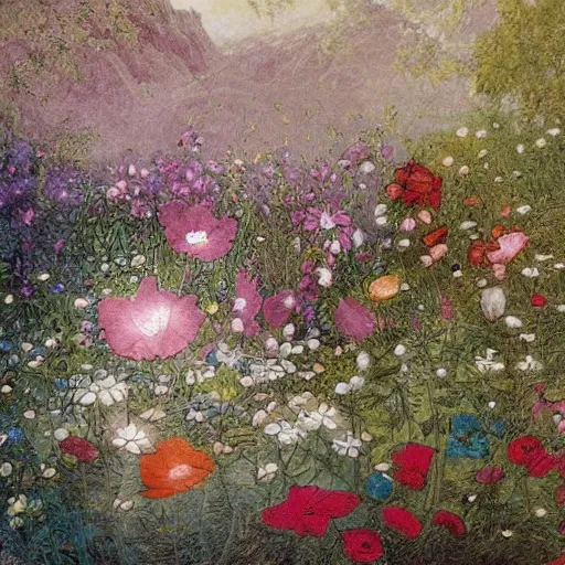 Image similar to This painting is a large canvas, covered in a wash of color. In the center is a cluster of flowers, their petals curling and twisting in on themselves. The effect is ethereal and dreamlike, and the overall effect is one of serenity and peace. caput mortuum, chalk art by W. Heath Robinson, by Albert Bierstadt, by Abbott Fuller Graves AWESOME, detailed