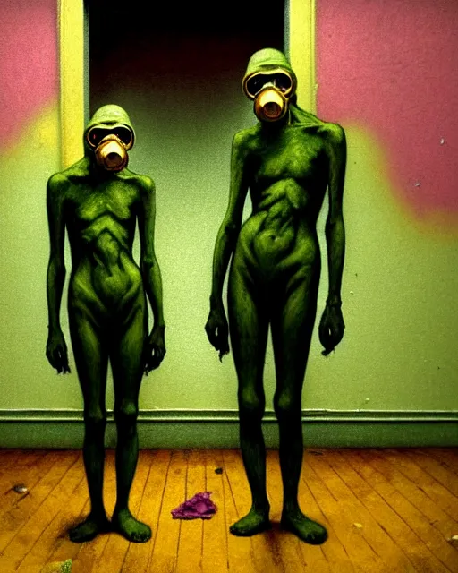 Prompt: Two skinny figures wearing gas masks draped in silky gold, pink and green, in an abandoned hospital room with garbage on floor, outside a widow a storm rages, cinematic lighting, feeling of impending doom, gentle, depth of field, extremely detailed, in the style of Francis Bacon, Esao Andrews, Zdzisław Beksiński, Edward Hopper, surrealism, art by Takato Yamamoto and James Jean